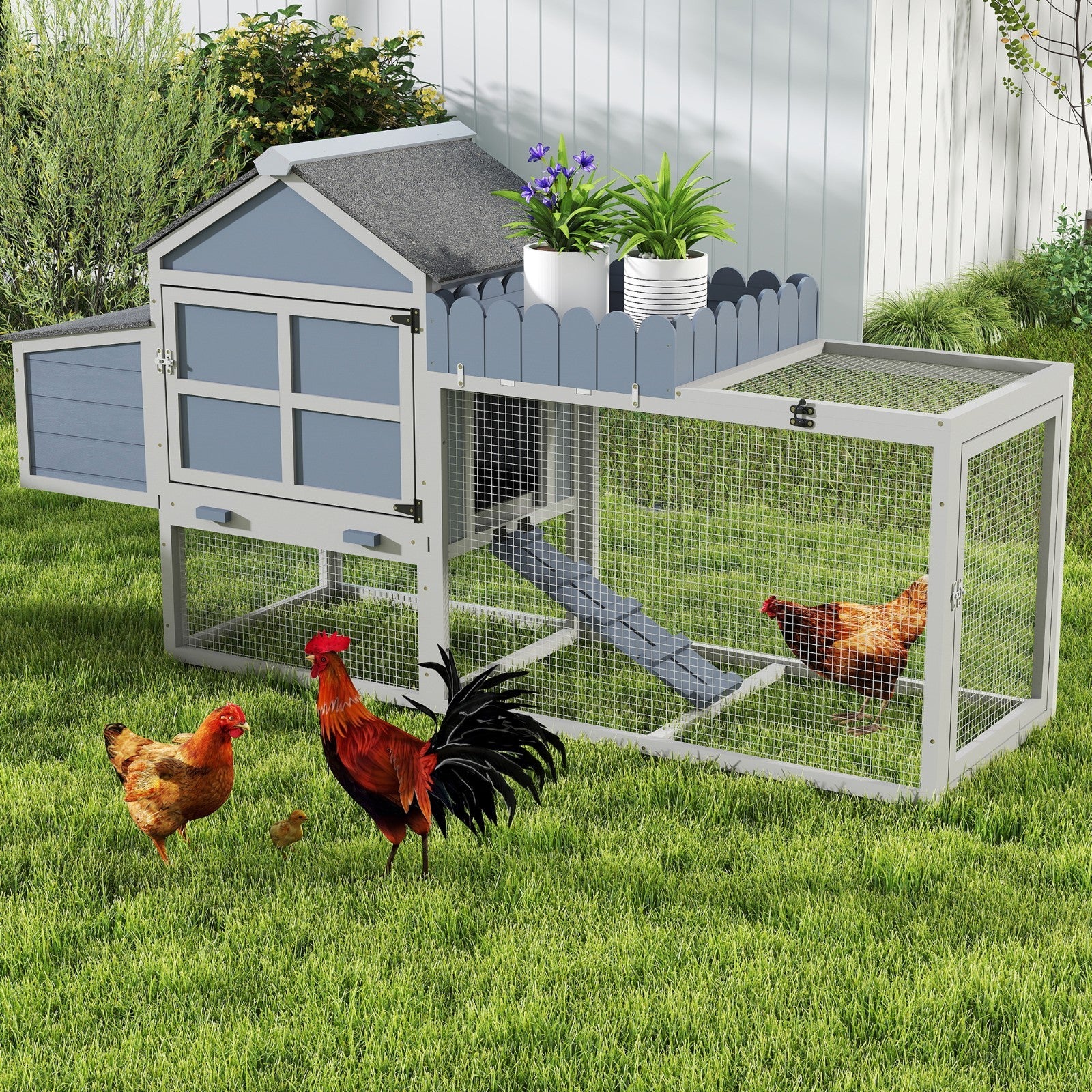 2-Tier Wood Chicken Coop, 80" Hen House w/ Nesting Box Resting Area Planter