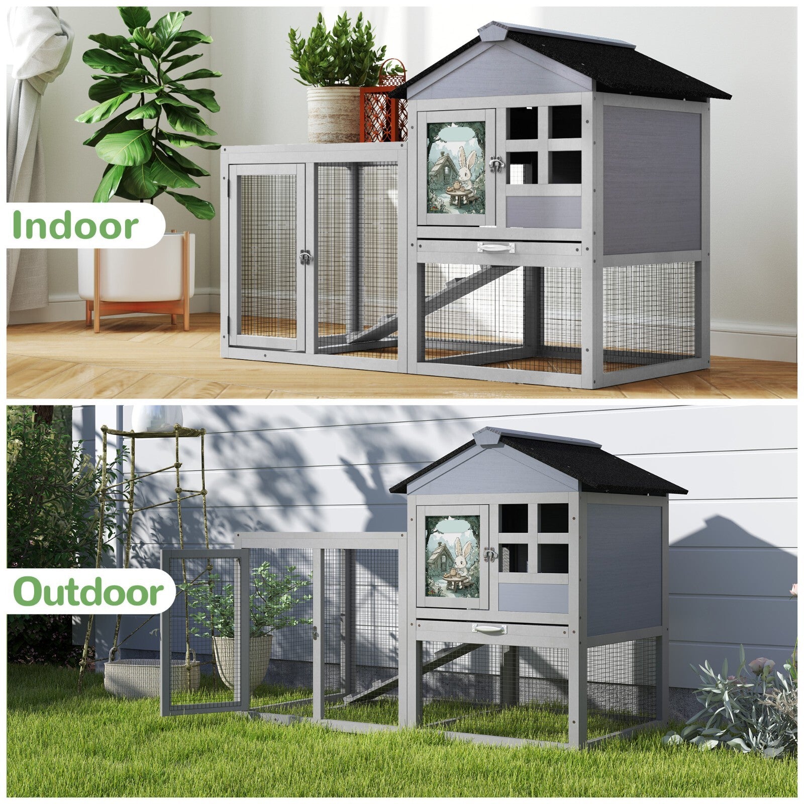 48"L Wooden Rabbit Hutch Large Chicken Coop W/ Removable Tray&Roof In/Outdoor