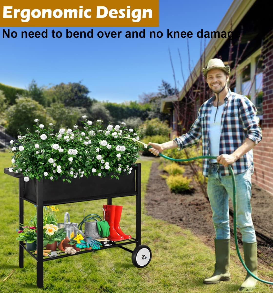 Outdoor Raised Planter Bed Box with Legs for Gardening, Elevated DIY Garden Cart on Wheels for Vegetables Flower Tomato Herb Plant, Black