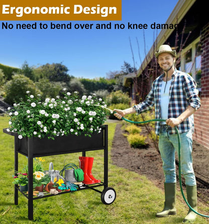 Outdoor Raised Planter Bed Box with Legs for Gardening, Elevated DIY Garden Cart on Wheels for Vegetables Flower Tomato Herb Plant, Black
