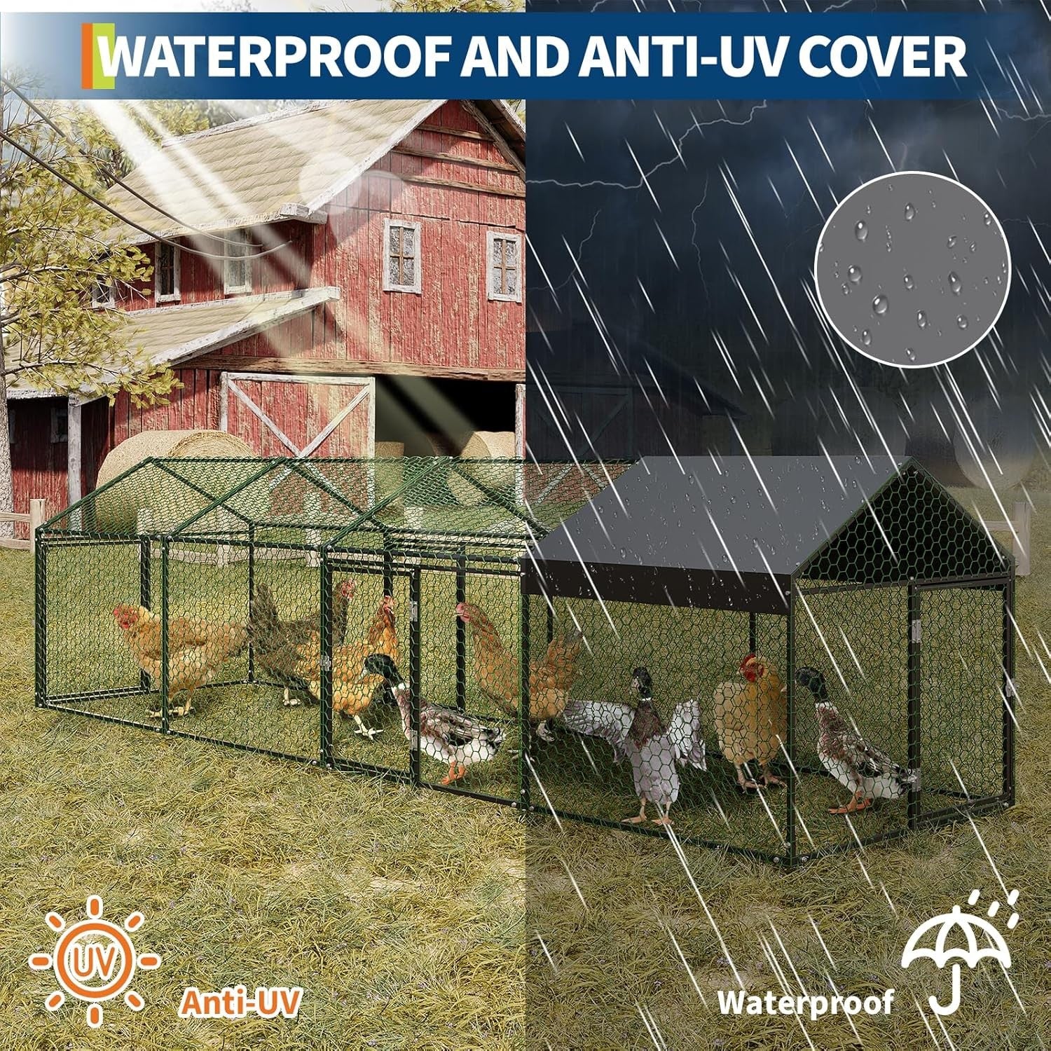 Metal Chicken Coop Walk In Chicken Run Outdoor Hen House Habitat Cage W/ Cover