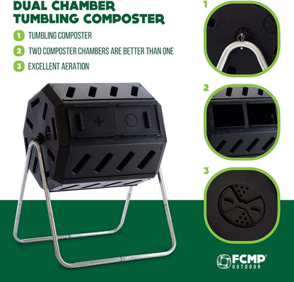 IM4000 Dual Chamber Tumbling Composter Canadian-Made, 100% Recycled Resin - Outdoor Rotating Compost Tumbler Bin for Garden, Kitchen, and Yard Waste, Black (37 Gallon)