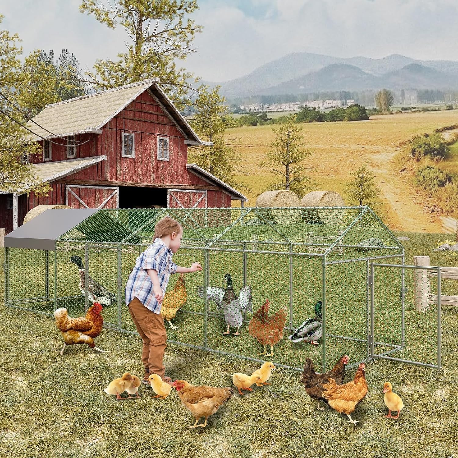 Metal Chicken Coop Walk In Chicken Run Outdoor Hen House Habitat Cage W/ Cover
