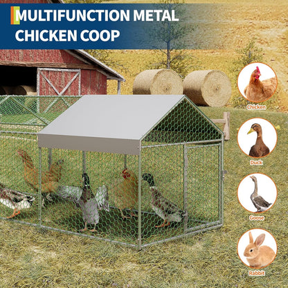 Metal Chicken Coop Walk In Chicken Run Outdoor Hen House Habitat Cage W/ Cover