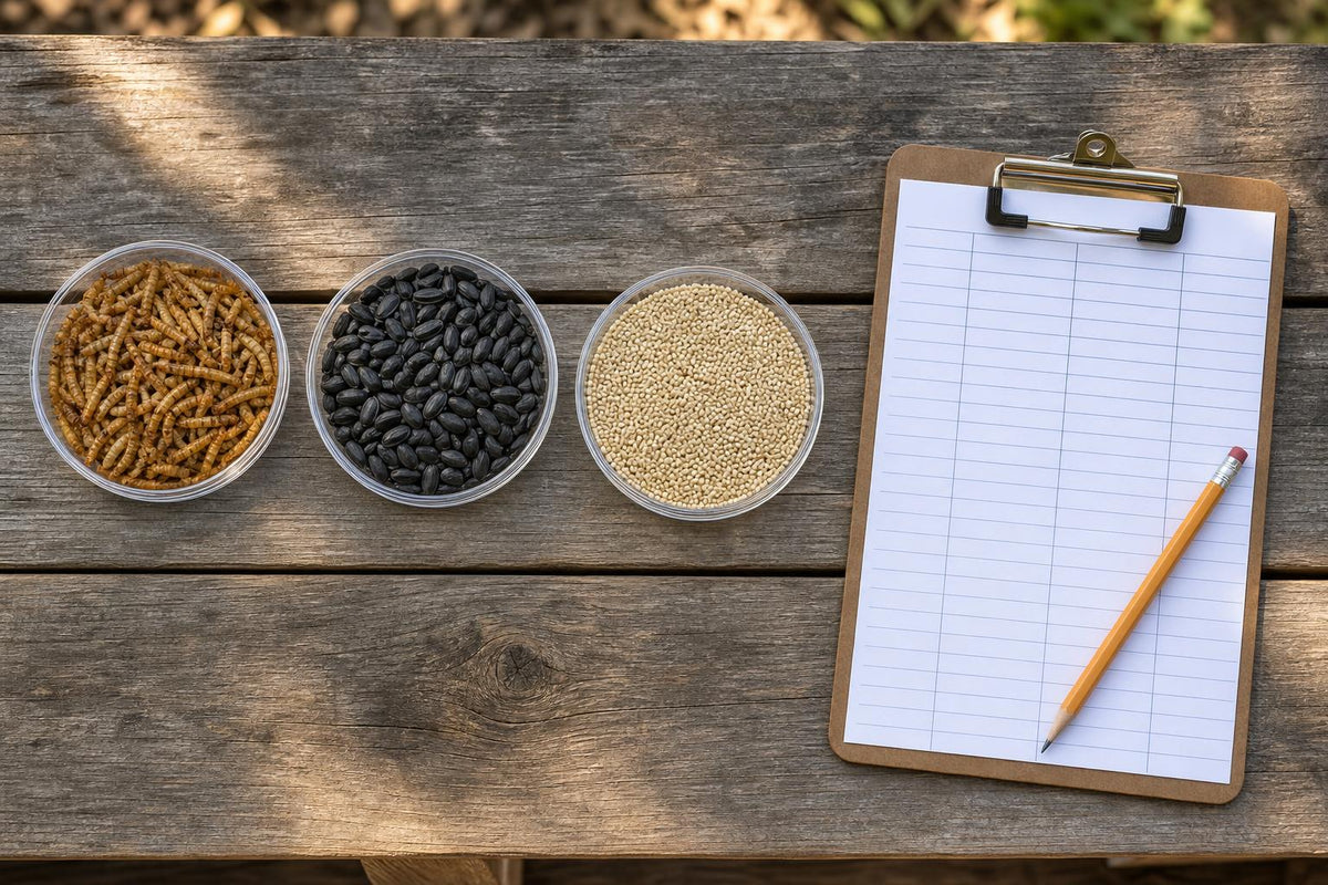 Kit contents: three clear dishes with dried mealworms, sunflower seeds and millet beside a clipboard tally sheet