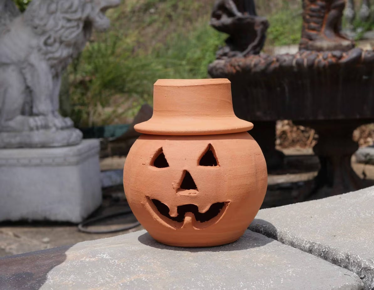 Clay Jack-o'-lantern Pumpkin with Hat 1 Quart Terra Cotta from Craven Pottery