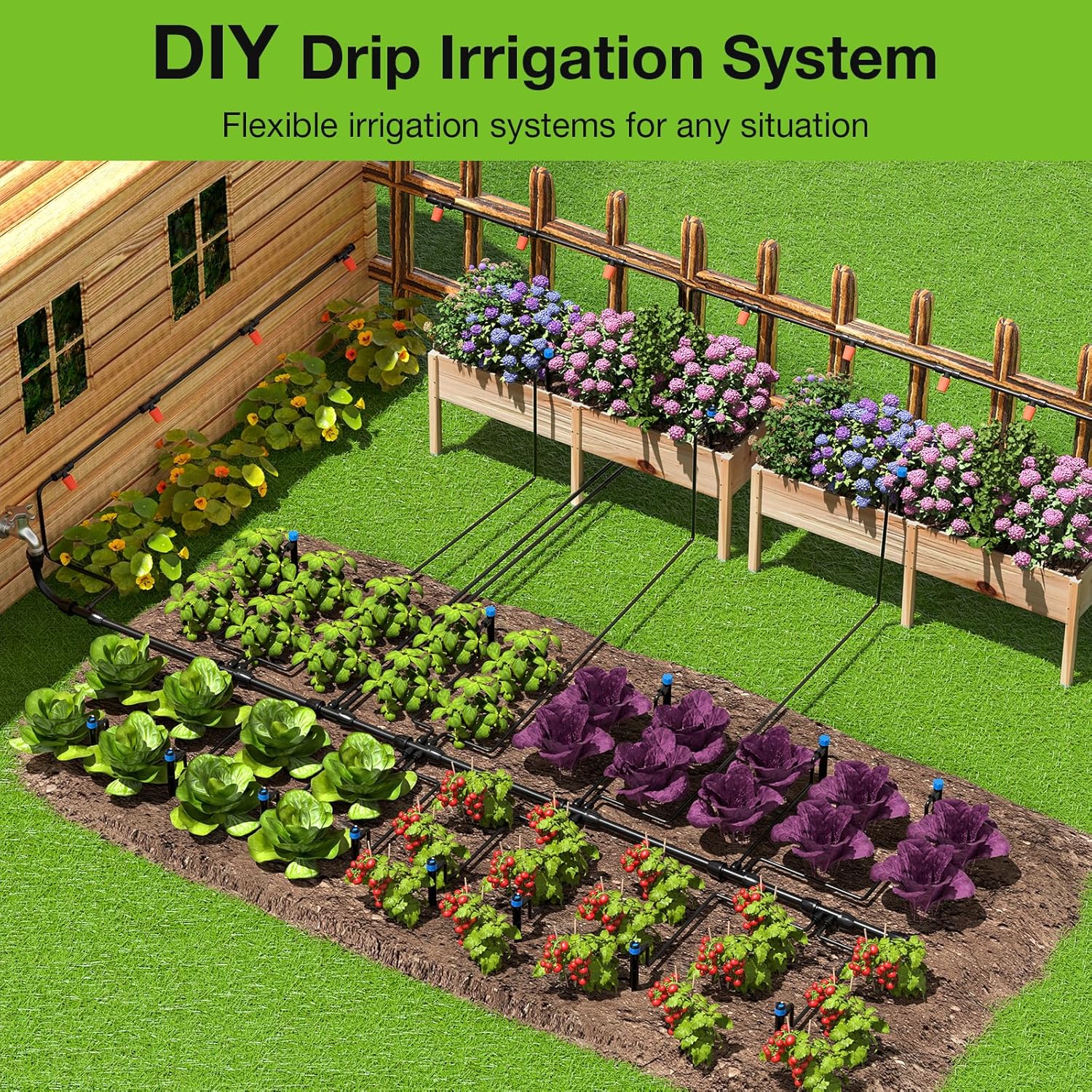 Greenhouse Micro Drip Irrigation Kit Automatic Irrigation System Patio Misting Plant Watering System with 1/4 Inch 1/2 Inch Irrigation Tubing Hose Adjustable Nozzle Emitters Barbed Fittings