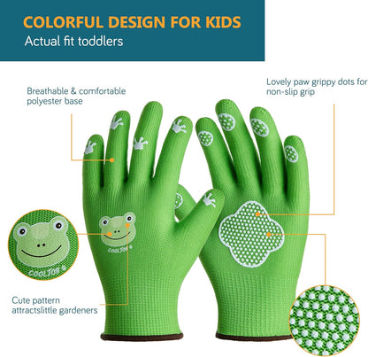 Small Toddler Gardening Gloves for Little Boys Girls Ages 2-4, Breathable Kids Work Gloves with Grippy Animal Paw Dots for Children Yard Landscape, Green Frog, 1 Pair