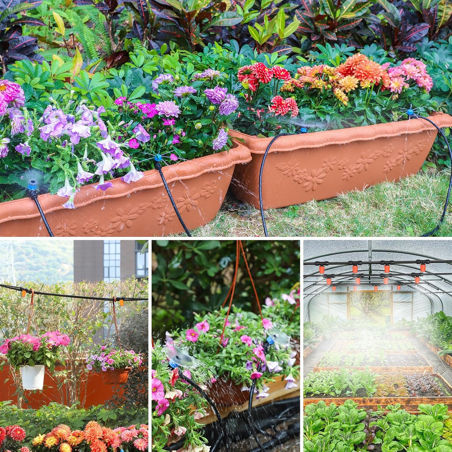 Greenhouse Micro Drip Irrigation Kit Automatic Irrigation System Patio Misting Plant Watering System with 1/4 Inch 1/2 Inch Irrigation Tubing Hose Adjustable Nozzle Emitters Barbed Fittings