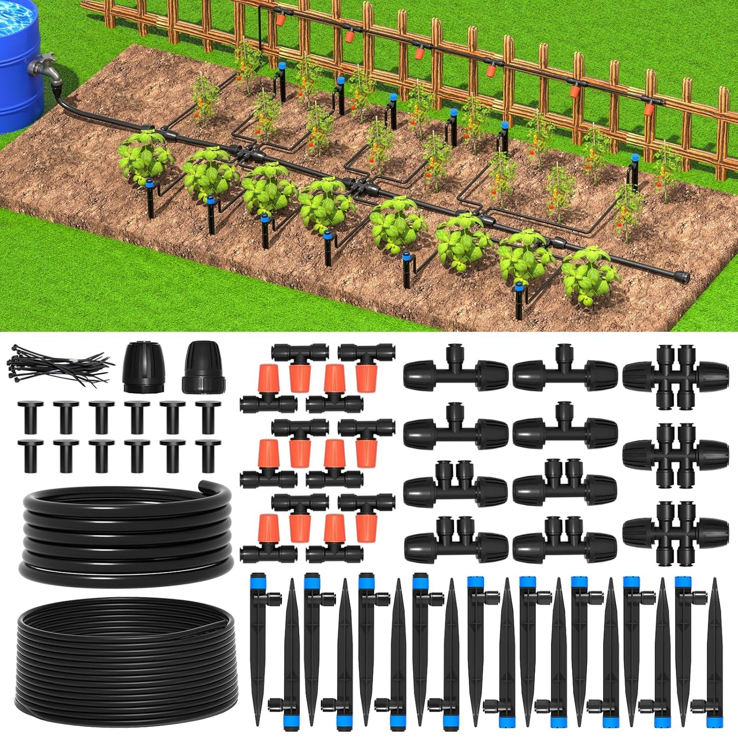 Greenhouse Micro Drip Irrigation Kit Automatic Irrigation System Patio Misting Plant Watering System with 1/4 Inch 1/2 Inch Irrigation Tubing Hose Adjustable Nozzle Emitters Barbed Fittings