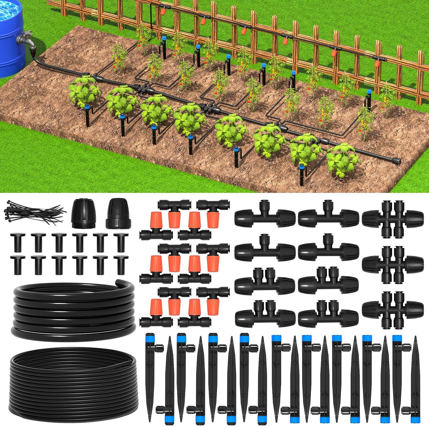 Greenhouse Micro Drip Irrigation Kit Automatic Irrigation System Patio Misting Plant Watering System with 1/4 Inch 1/2 Inch Irrigation Tubing Hose Adjustable Nozzle Emitters Barbed Fittings
