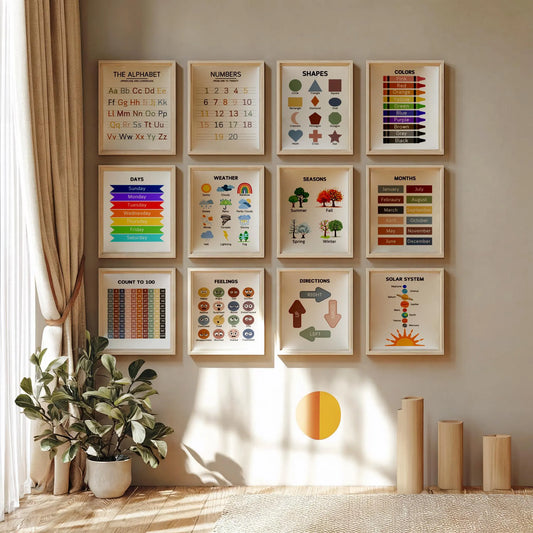 12 Montessori-Inspired Educational Posters | Preschool & Homeschool Learning Charts | Alphabet, Numbers, Shapes and More Printables