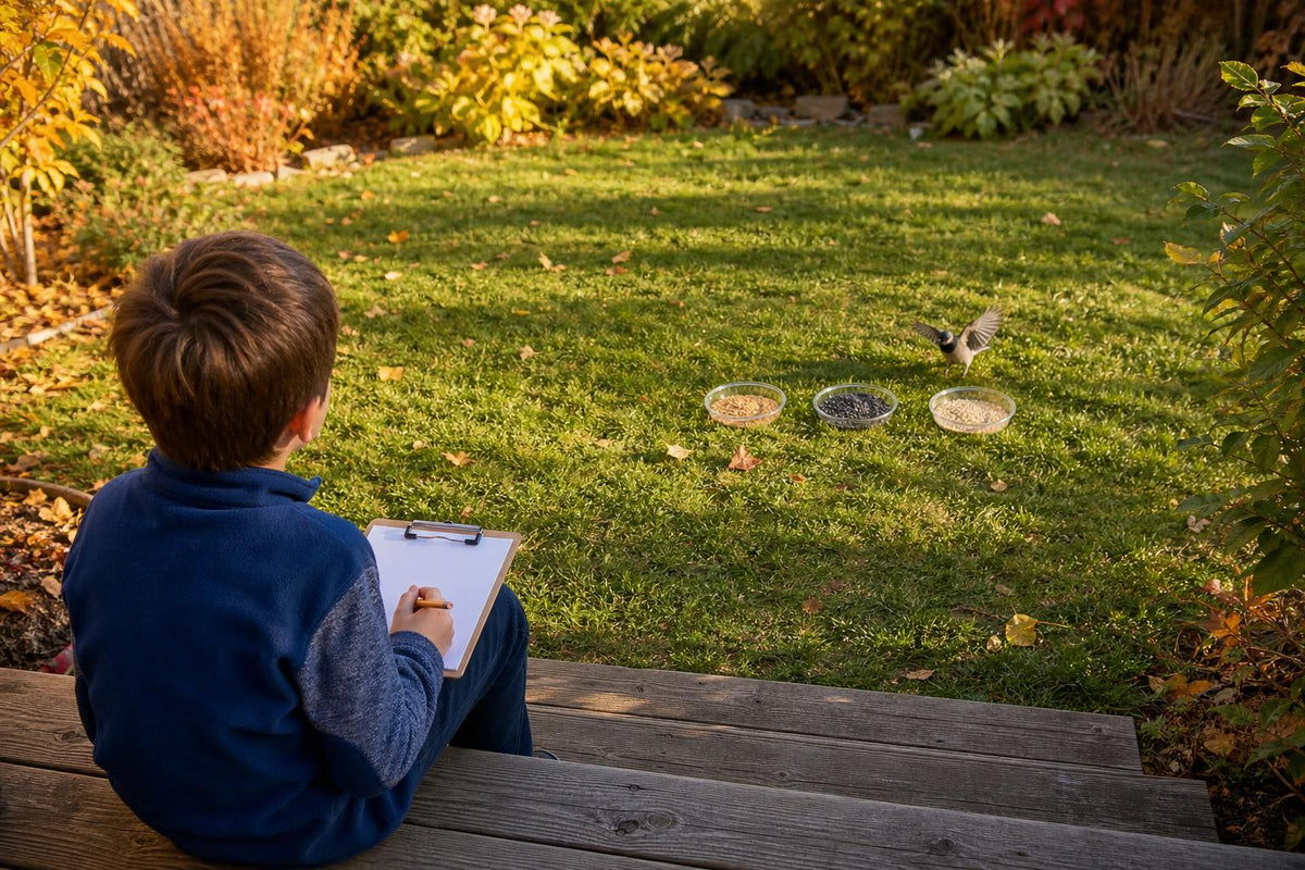 Child with a clipboard on back steps observing three feeding dishes in a backyard garden