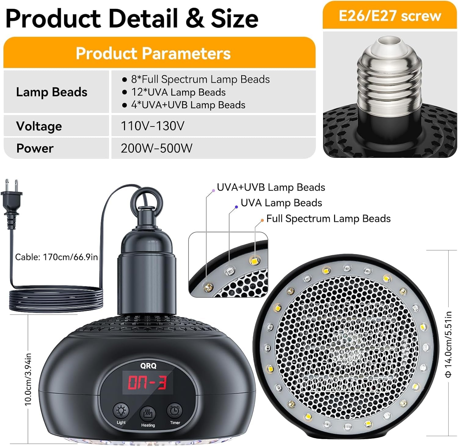 Chicken Coop Heater, 200W-350W-500W Reptile Heat Lamp with UVA UVB Dimmable Light 3-6-9-12H Timer, Chicken House Dog House Greenhouse Heater Outdoor,for Dog Cats Reptile Bird,Christmas Gifts