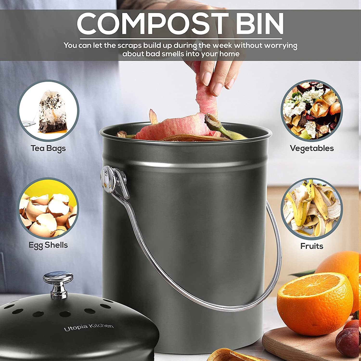 Compost Bin with Lid and 1.3 Gallon Compose Spare Charcoal Filter Utopia Kitchen