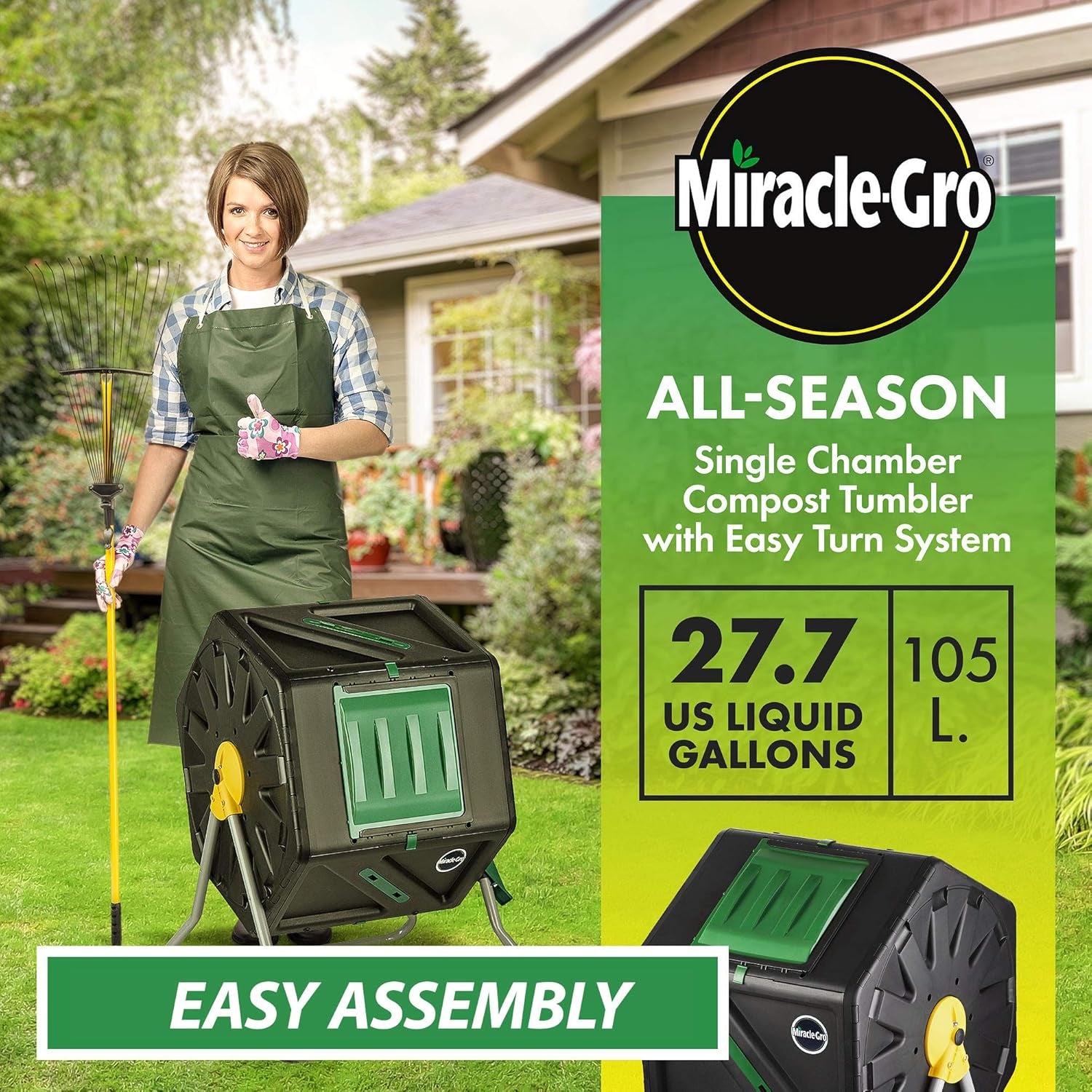 Compost Tumbler Single Chamber – Easy-Turn Composter Tumbler Outdoor for Fast Composting – Heavy-Duty Composting Bin with 1 Sliding Door (1 x 27.7 Gallon / 105 Liter)