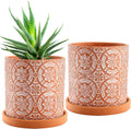 2 Pack Terracotta Plant Pot, 5'' Red Clay Planter Pot with Boho Flower Pattern, Ceramic Cactus Flower Planter Succulent Pot with Drainage Hole and Saucer for Indoor Outdoor Plant
