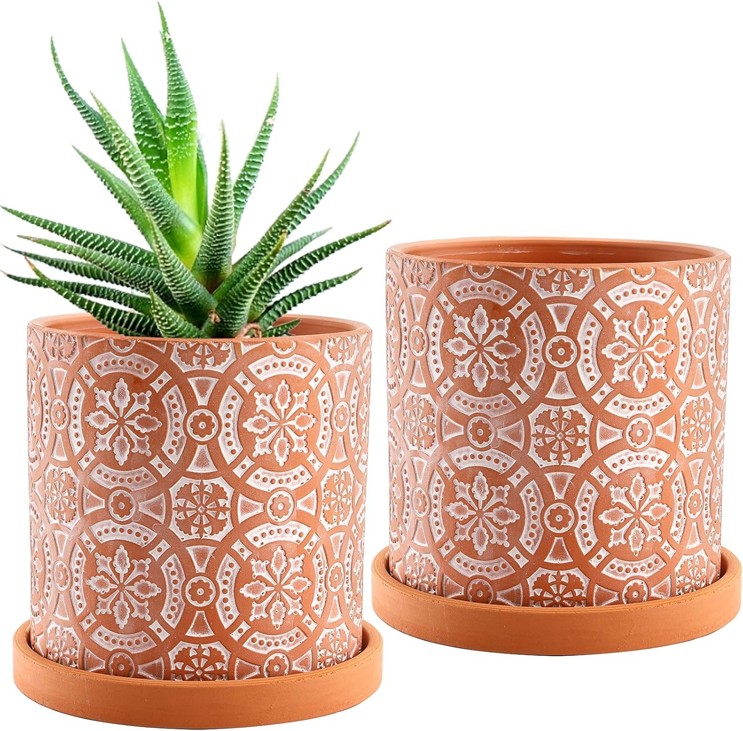2 Pack Terracotta Plant Pot, 5'' Red Clay Planter Pot with Boho Flower Pattern, Ceramic Cactus Flower Planter Succulent Pot with Drainage Hole and Saucer for Indoor Outdoor Plant