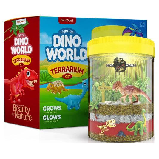 Dino World Terrarium Kit for Kids - LED Light in Lid - Dinosaur Toys Gifts for Boys & Girls Age 3, 4, 5, 6, 7, 8+ Year Old - Dinosaur Garden - Toy Dinosaurs - STEM Science Gardening Kits