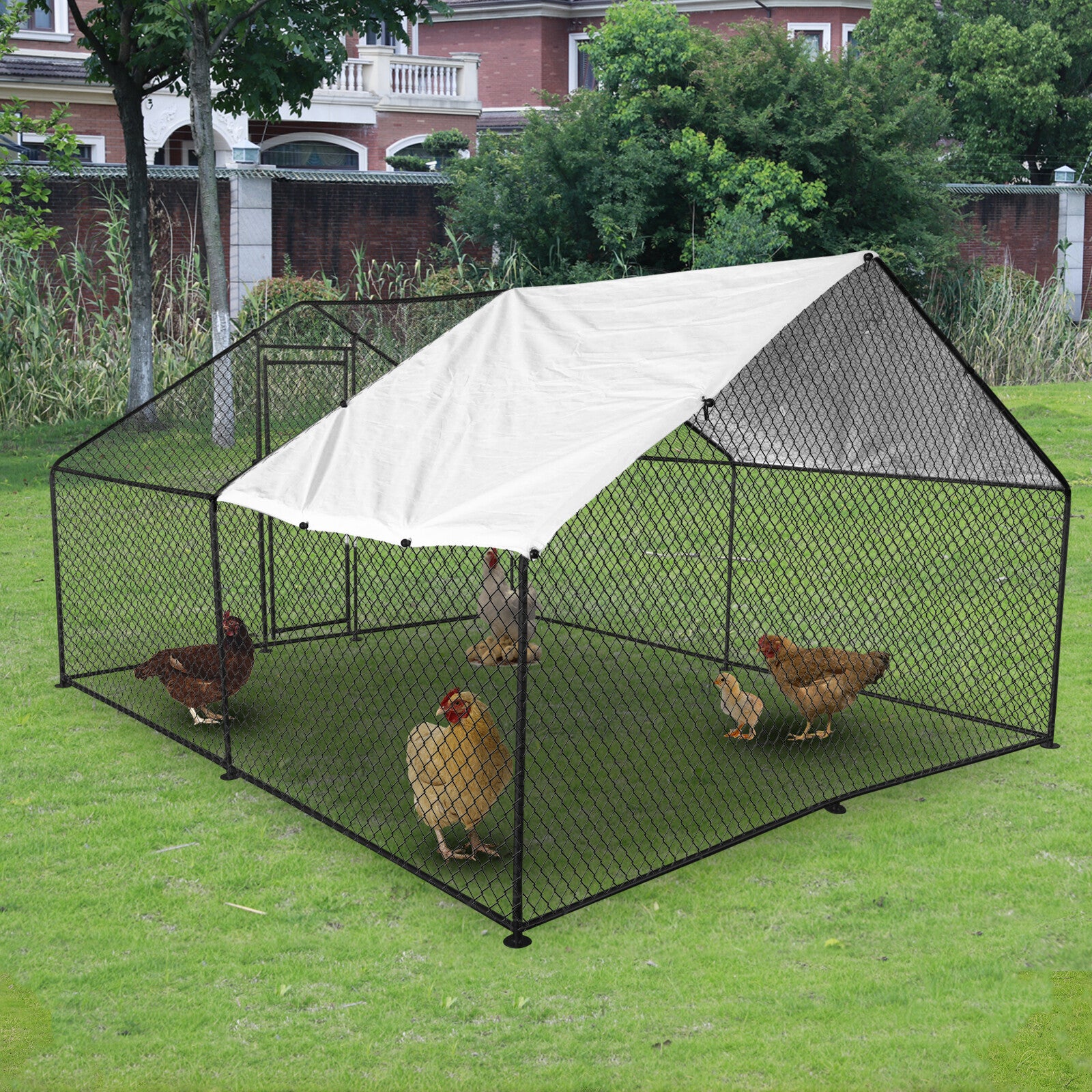 Large Metal Chicken Coop Walk-In Chicken Run 13x10x6.6 ft Peaked Roof Farm Yard