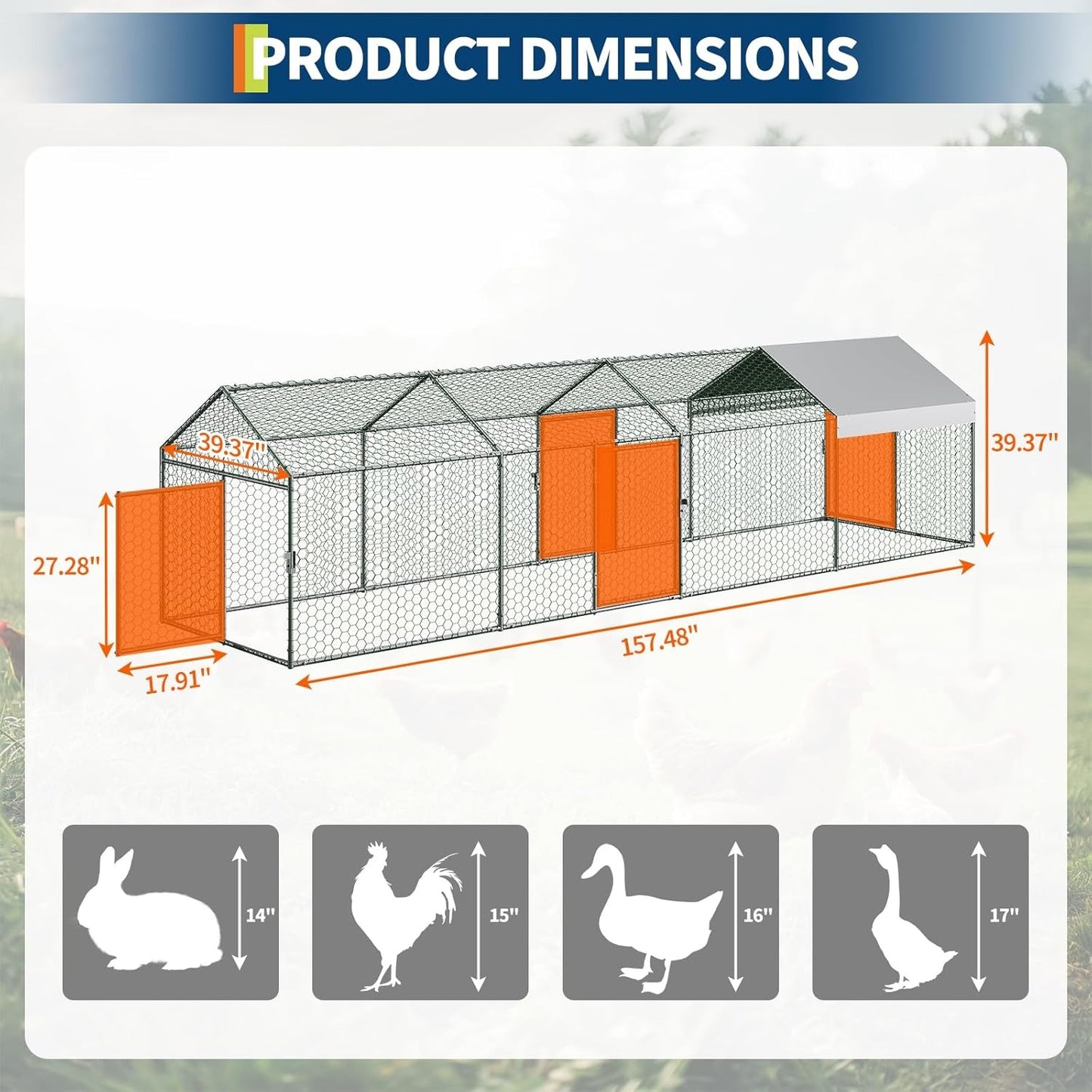 Metal Chicken Coop Walk In Chicken Run Outdoor Hen House Habitat Cage W/ Cover