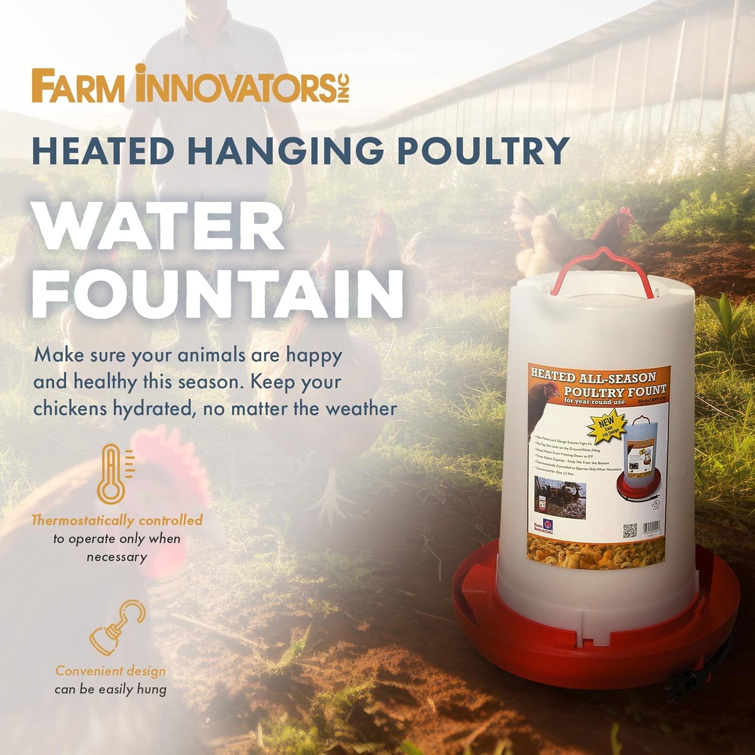 Heated Chicken Waterer, Hanging Poultry Water Fountain, 3 Gallon, Red - Plastic Water Dispenser with Heater for Chicks, Chickens, and Livestock