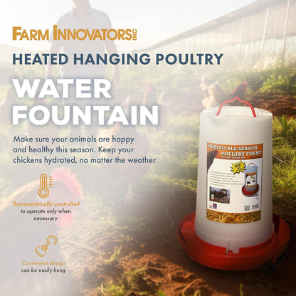 Heated Chicken Waterer, Hanging Poultry Water Fountain, 3 Gallon, Red - Plastic Water Dispenser with Heater for Chicks, Chickens, and Livestock