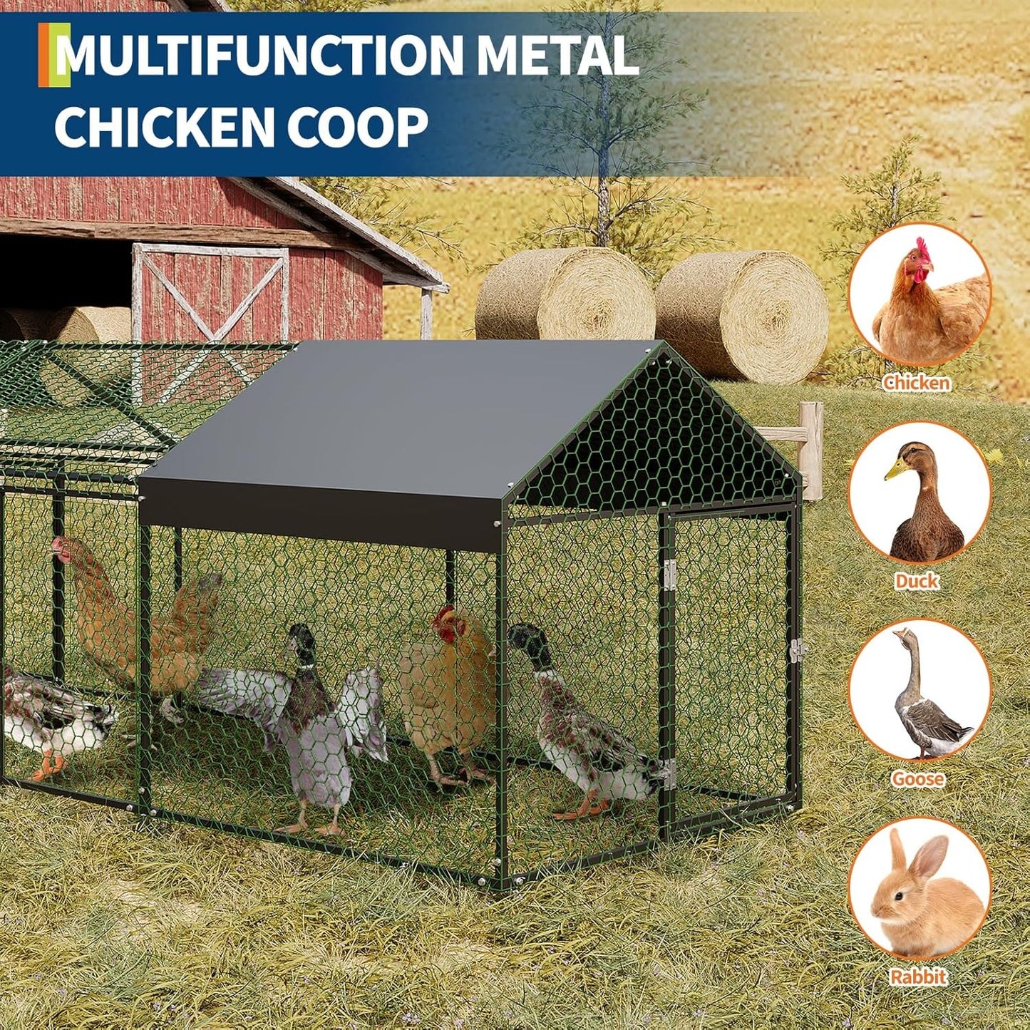 Metal Chicken Coop Walk In Chicken Run Outdoor Hen House Habitat Cage W/ Cover