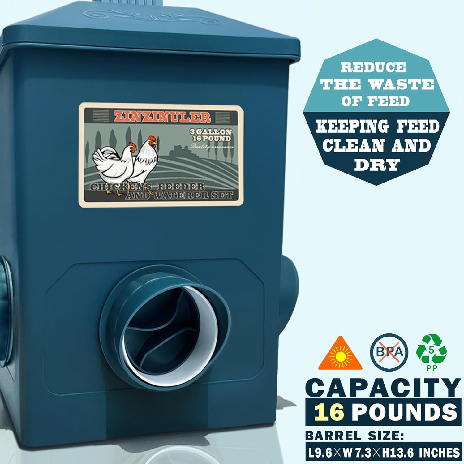 Automatic Port Chicken Feeder and Cup Waterer Set - Chicken Coop Accessories, No Waste Poultry Feeder, 3 Gallon/16 Pounds