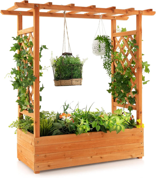 Raised Garden Bed with Arch Trellis, Wood Planter Box with Hanging Roof, Side Trellis, 4 Drainage Holes, Above Ground Elevated Garden Bed for Outdoor Climbing Plants Vines Patio