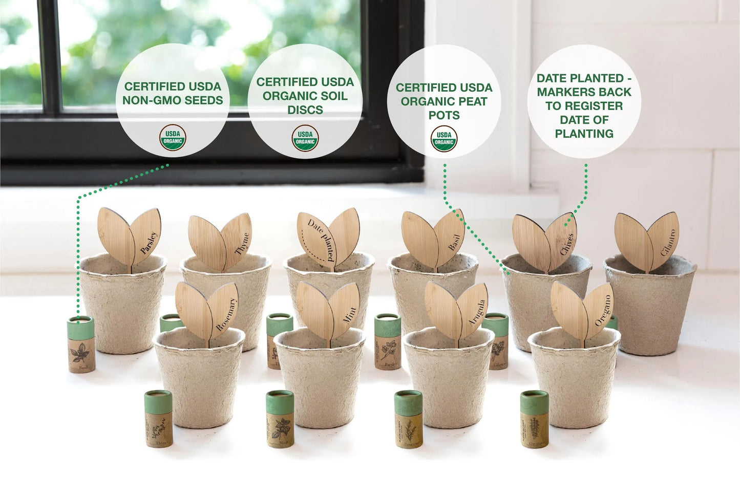 FLEUR DU BIEN Indoor Herb Garden Starter Kit, 6 Gardening Seed Pack with Plant Markers, Growing pots, Soil Discs