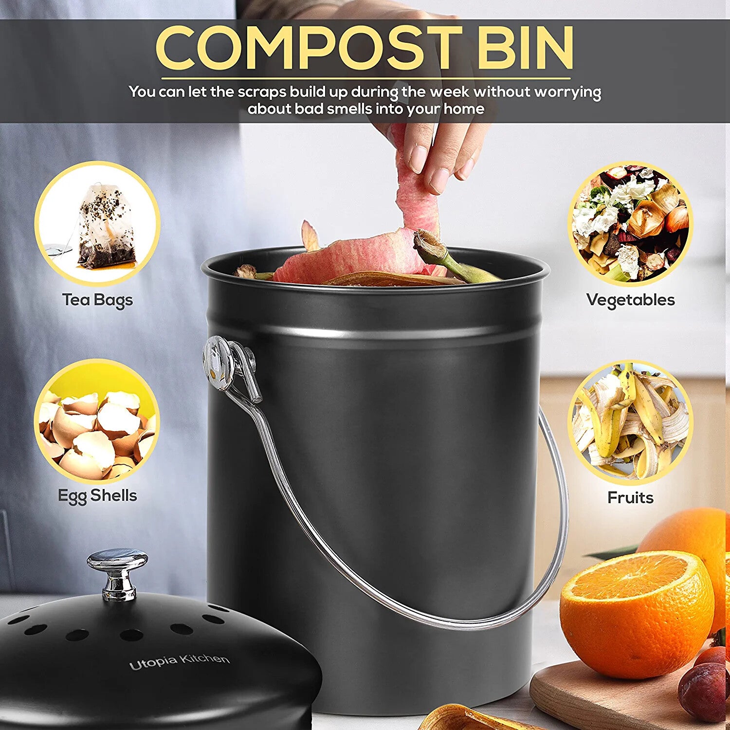Compost Bin with Lid and 1.3 Gallon Compose Spare Charcoal Filter Utopia Kitchen