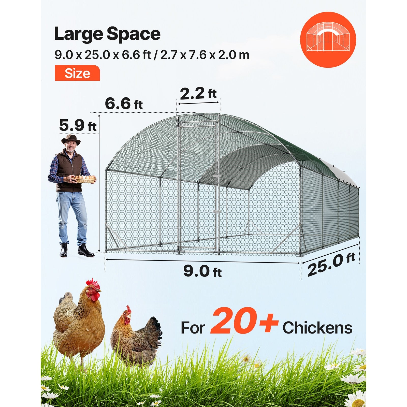Uimoso Large Metal Walk-in Chicken Coop with Dome Roof, 9x25x6.6 ft Poultry Run