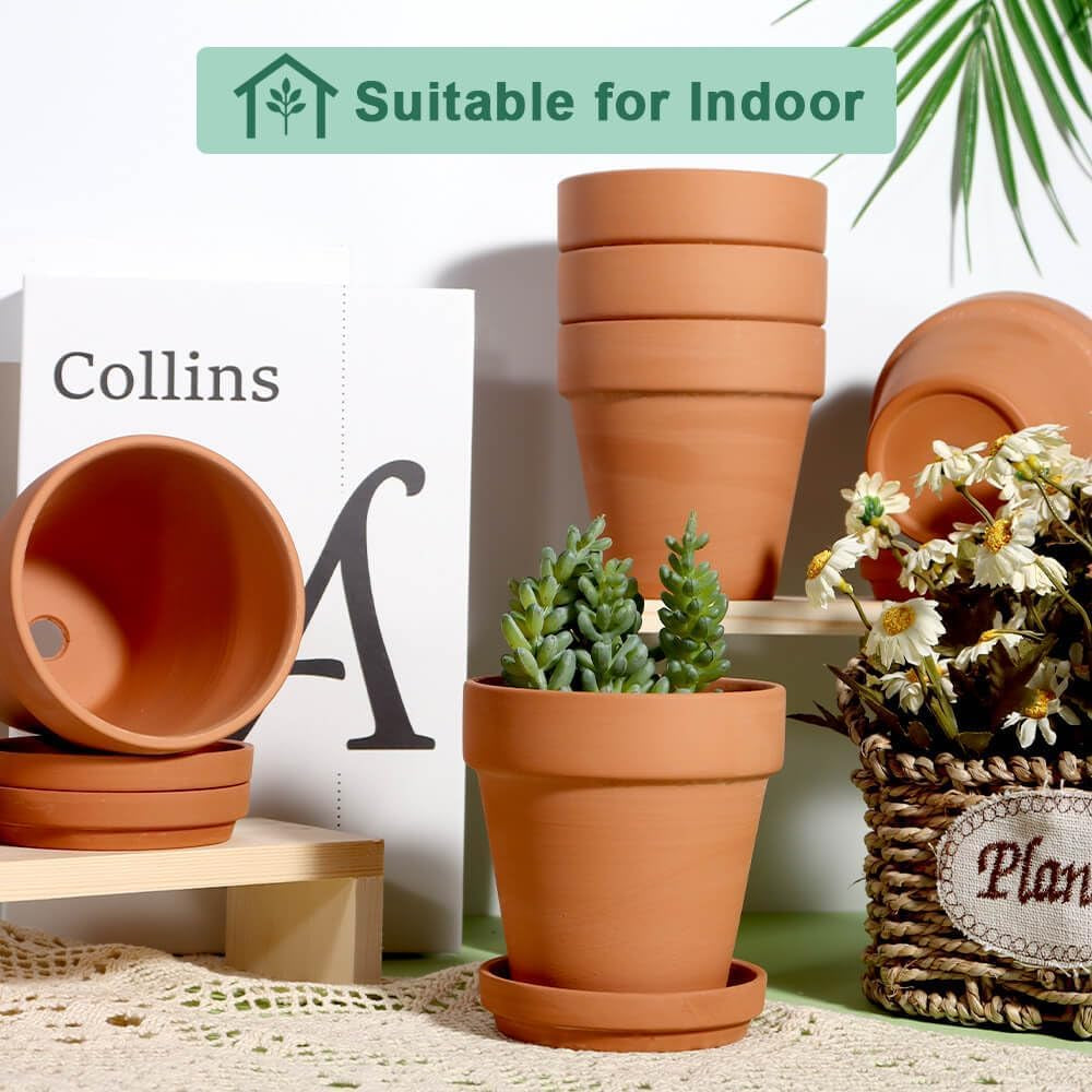 4 Inch Terracotta Plant Pots with Saucer - 6 Pack Clay Flower Pots with Drainage, Great for Plants, Crafts, Wedding Favor