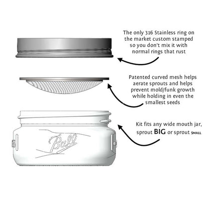 Trellis + Co|Stainless Steel Sprouting Kit, 4 Pack With Sprouting Stands|Rust Proof Stainless,Curved Mesh,Fits Most Wide Mouth Mason Jars