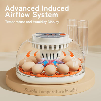 Egg Incubator with Temperature and Humidity Control, Automatic Egg Turner, Egg Candler, External Water Bottle Refill, Air Vent, 360° Clear View, Hatching Chicken Duck Quail Bird,  HatchPro 12