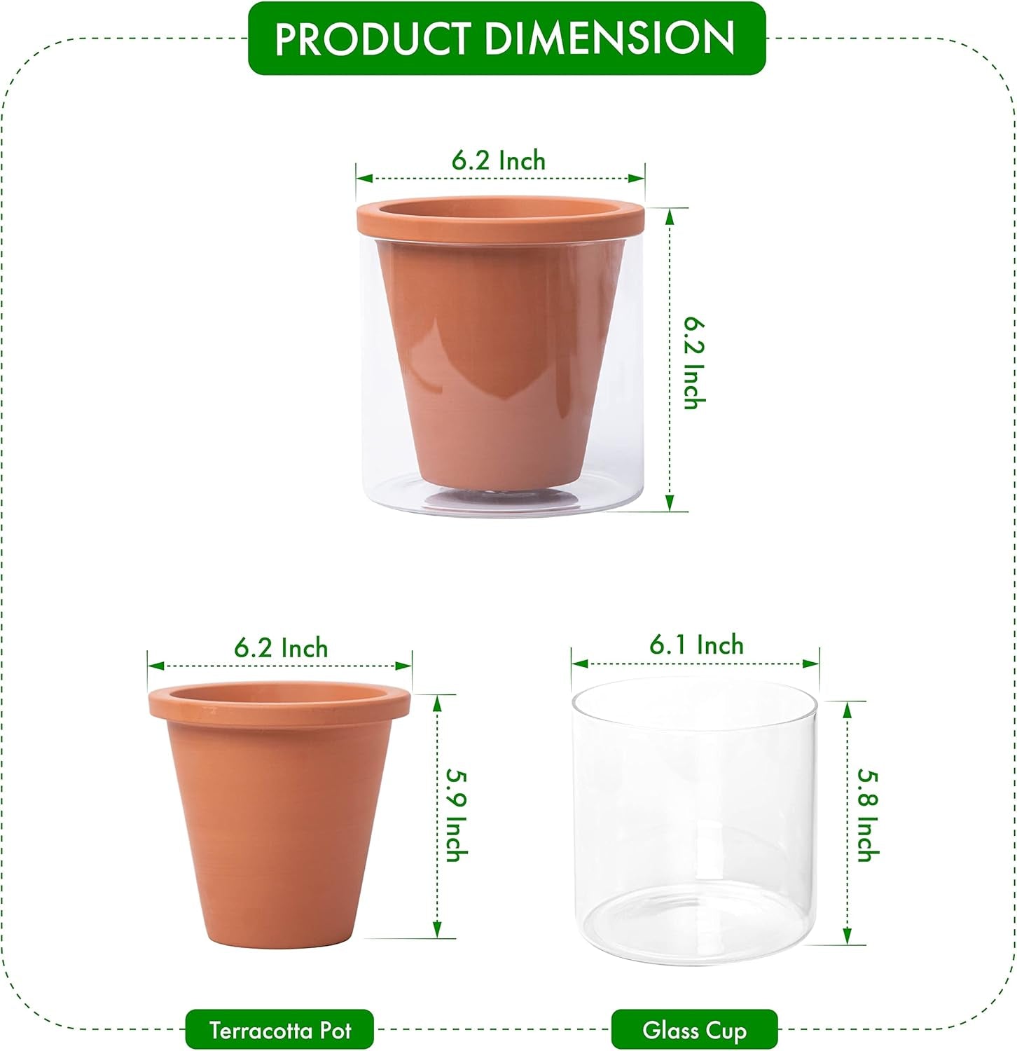 6 Inch Design Self Watering Pot for Indoor Plants, Terracotta Planter with Cylinder Glass Cup, Set of 2, 37-Y-B-1