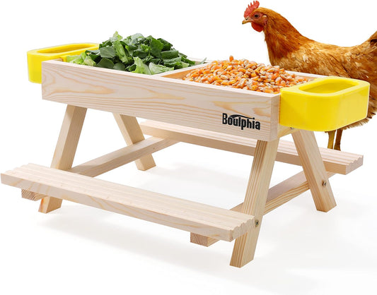 Chicken Feeders and Waterers, Chicken Feeder No Waste Kit with Picnic Table and 2 Water Feeder, Handmade Wooden Chicken Supplies & Accessories for Chicken Coop