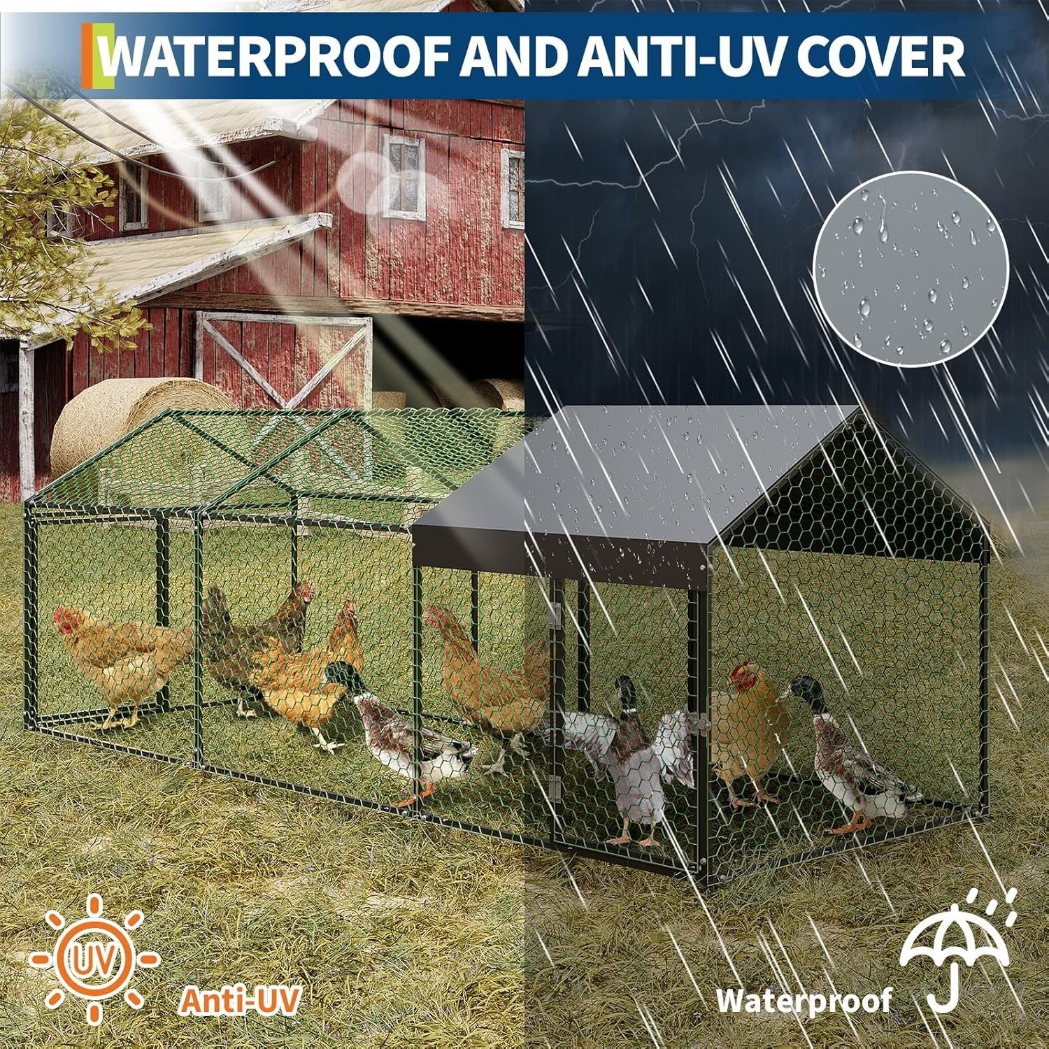 Metal Chicken Coop Walk In Chicken Run Outdoor Hen House Habitat Cage W/ Cover