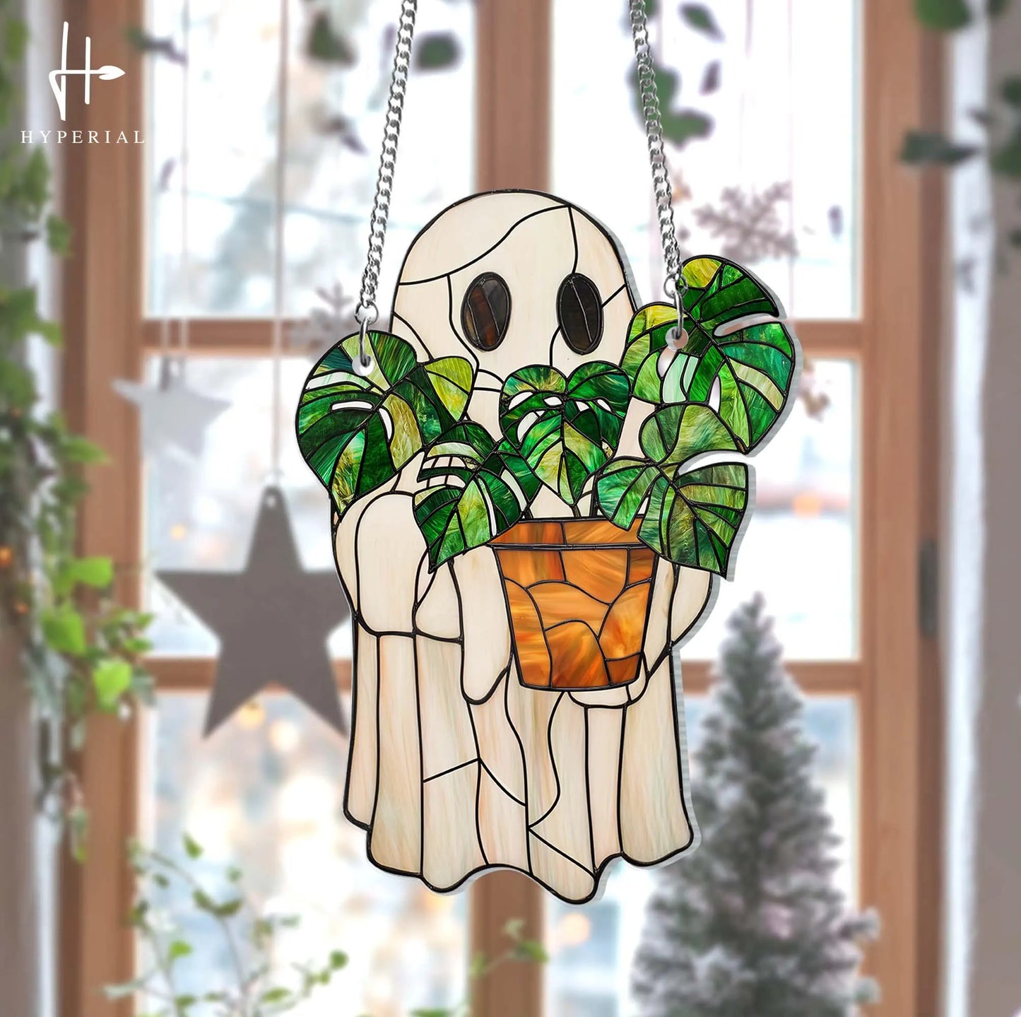 Cute Ghost Plant ACRYLIC Suncatcher, Ghost and Monstera Acrylic Ornament, Halloween Ghost Window Hangings, Plant Lovers Gift, Gift For Mom