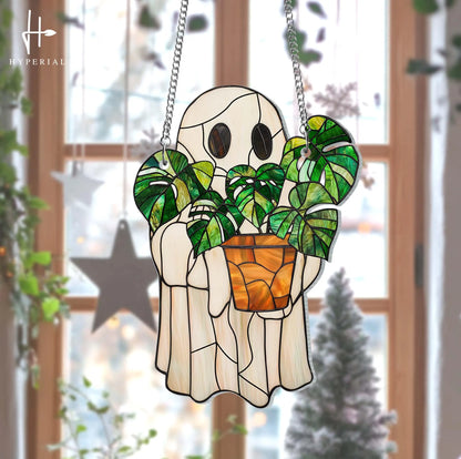 Cute Ghost Plant ACRYLIC Suncatcher, Ghost and Monstera Acrylic Ornament, Halloween Ghost Window Hangings, Plant Lovers Gift, Gift For Mom