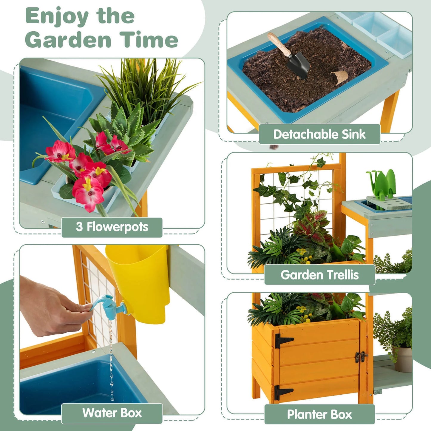 Wooden Potting Bench for Kids w/ See-Through Window Planter Box Garden Trellis