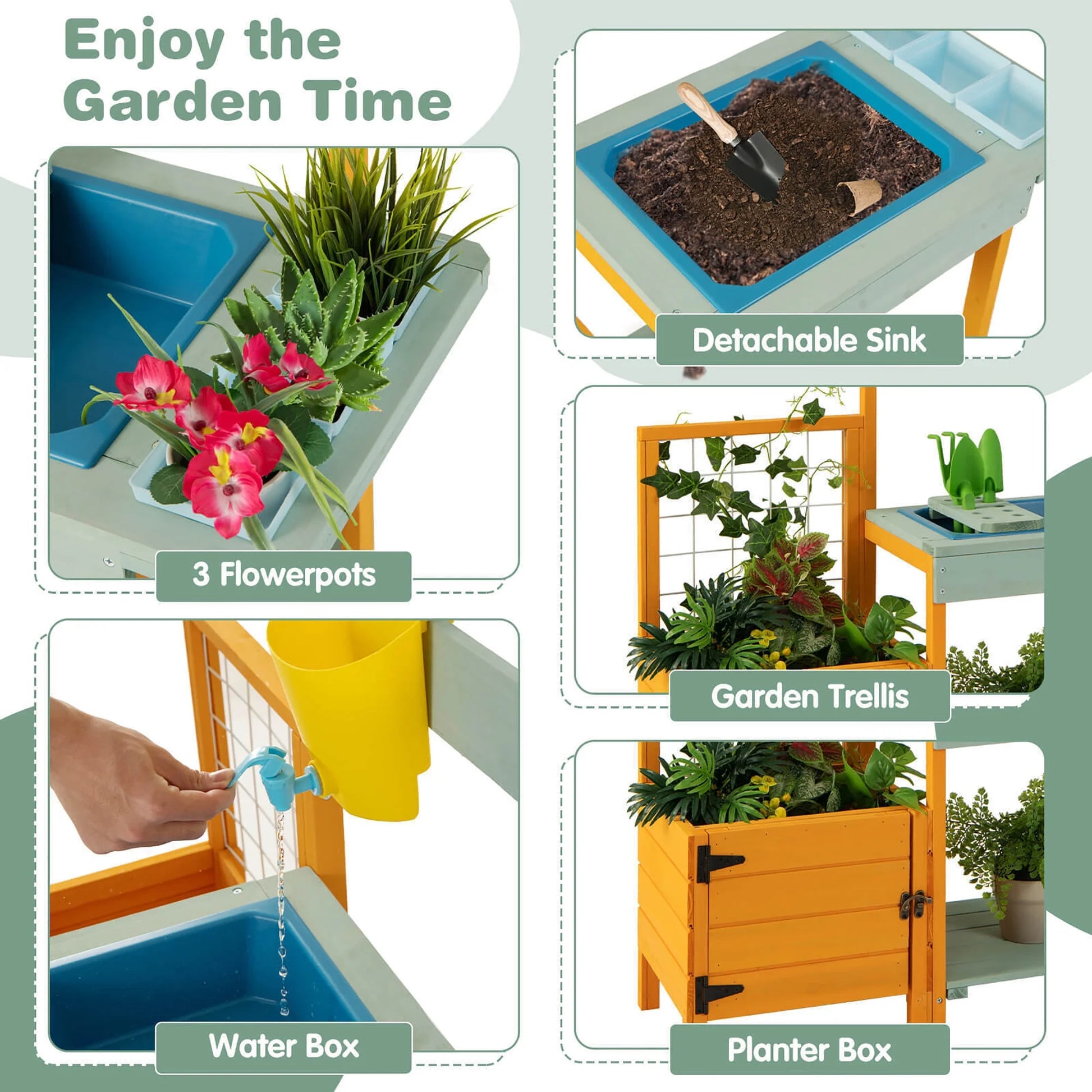 Wooden Potting Bench for Kids w/ See-Through Window Planter Box Garden Trellis