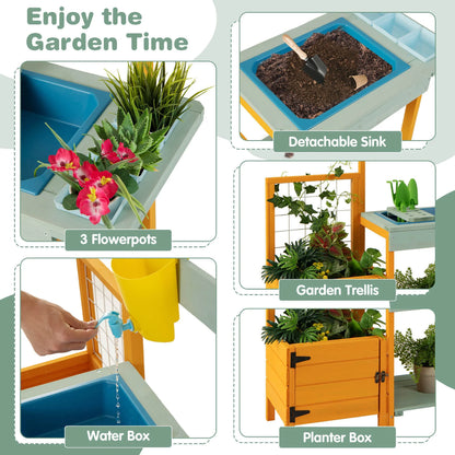 Wooden Potting Bench for Kids w/ See-Through Window Planter Box Garden Trellis