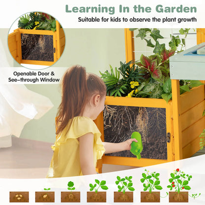 Wooden Potting Bench for Kids w/ See-Through Window Planter Box Garden Trellis