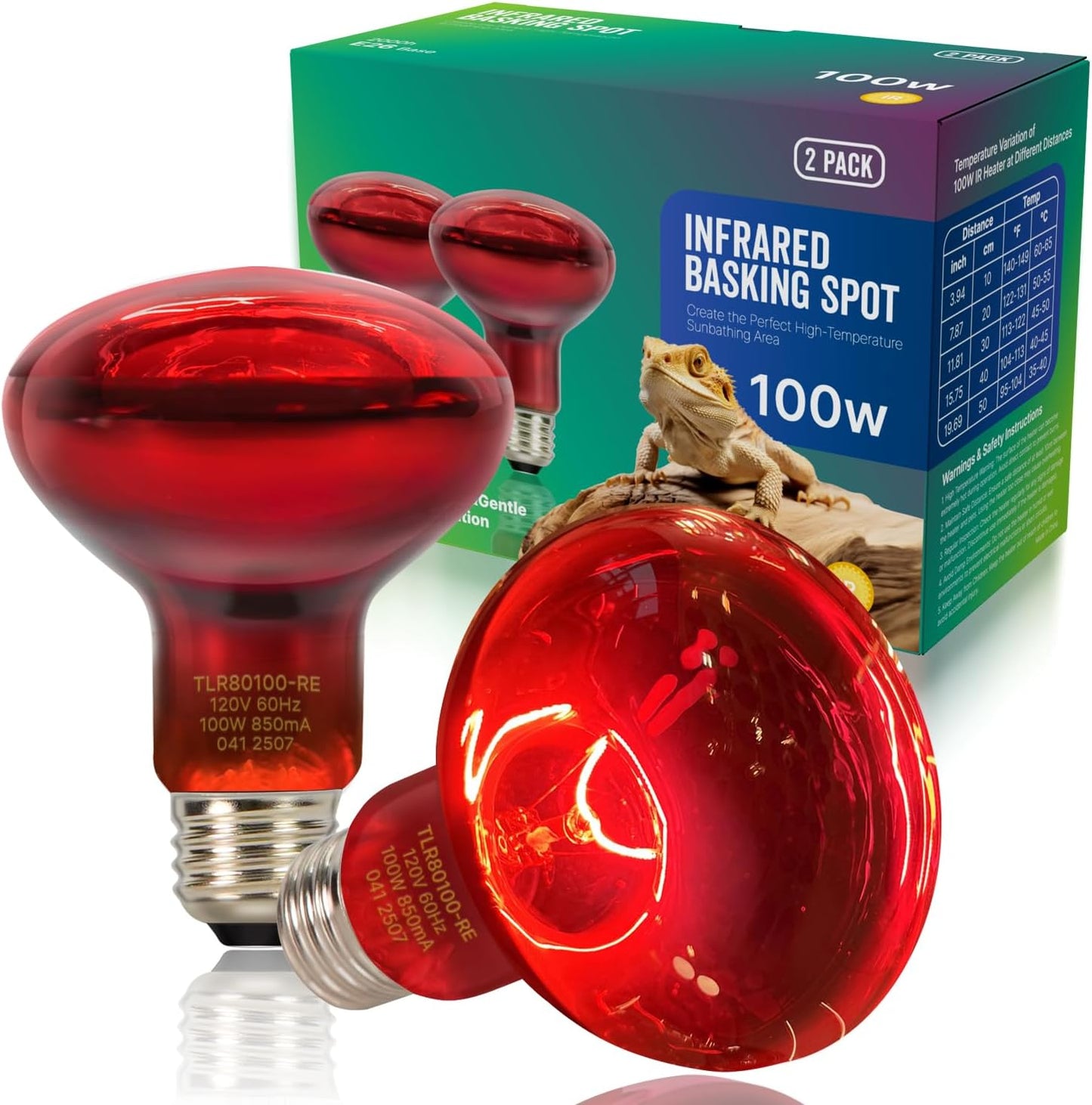 2 Pack Reptile Red Heat Lamp Bulbs,100W Infrared Basking Spot Light for Turtles, Leopard Gecko, Ball Python, Bearded Dragon, Snake and Chicken