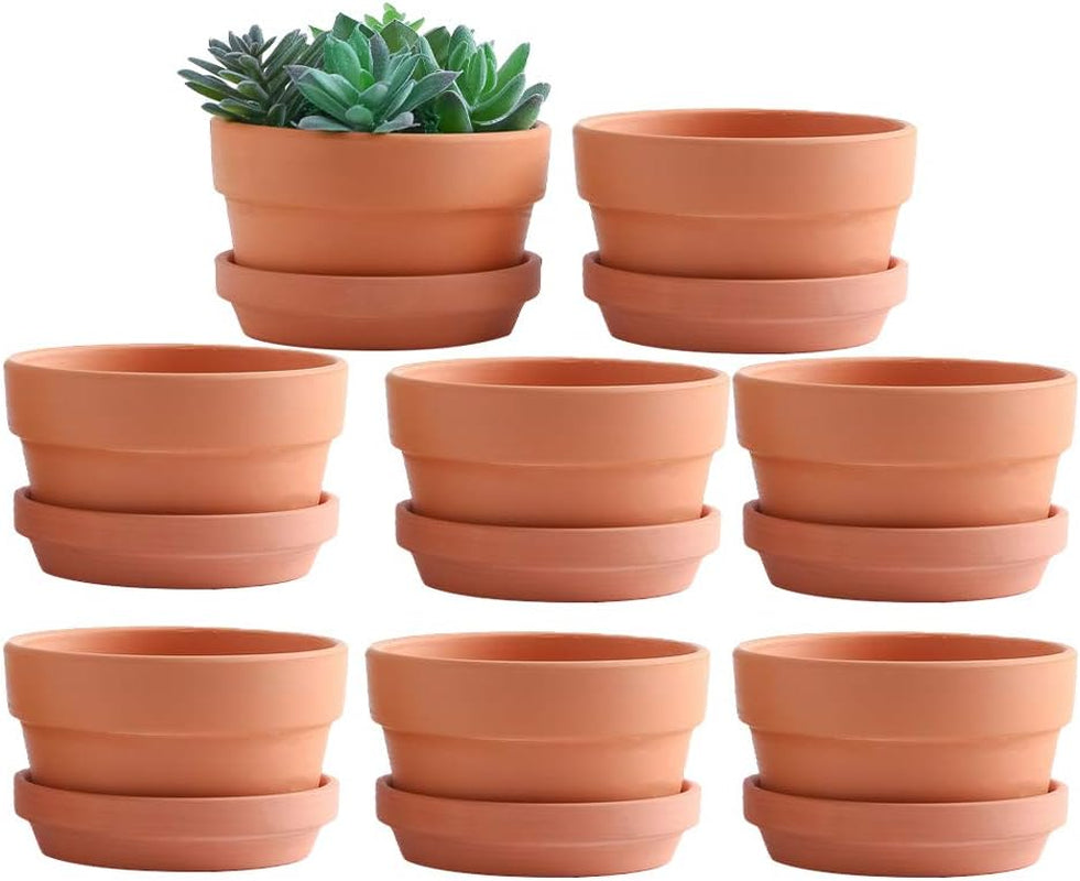 4.4 Inch Shallow Terracotta pots with Saucer/Tray,Ceramic Clay Cactus/succlent Container with Drain Hole,Small unglazed Planter for Indoor/Outdoor Plants, Crafts