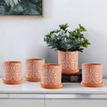 2 Pack Terracotta Plant Pot, 5'' Red Clay Planter Pot with Boho Flower Pattern, Ceramic Cactus Flower Planter Succulent Pot with Drainage Hole and Saucer for Indoor Outdoor Plant