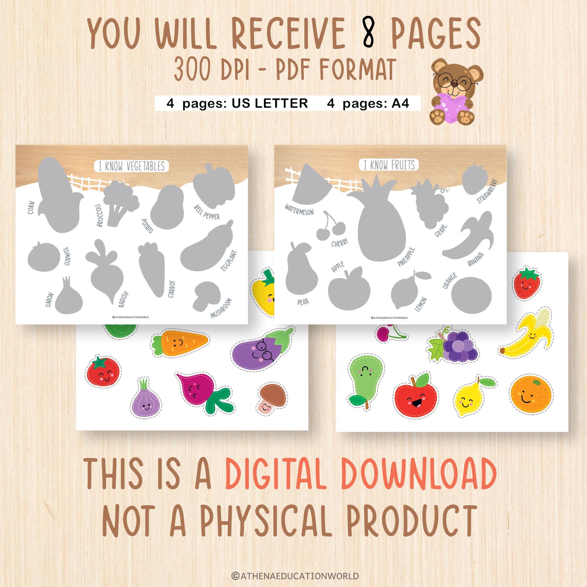 Fruits and Vegetable Shadow Game, Fruits and Vegetables Matching, toddler Game, Preschool Activity, Preschool Worksheet,Montessori Education