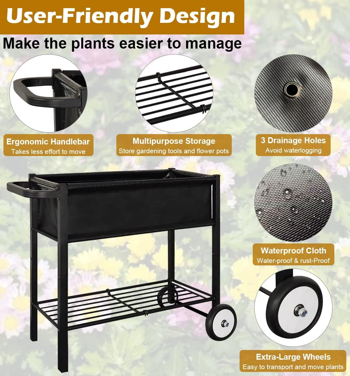 Outdoor Raised Planter Bed Box with Legs for Gardening, Elevated DIY Garden Cart on Wheels for Vegetables Flower Tomato Herb Plant, Black
